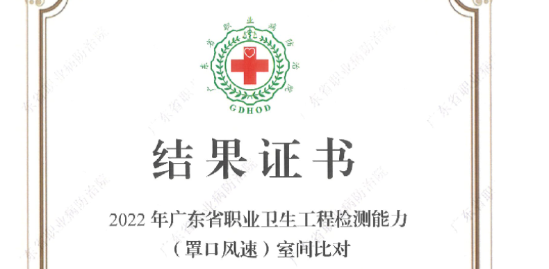 我司參加“廣東省職業衛生技術質量控制中心”組織的罩口風速比對，結果為“合格”